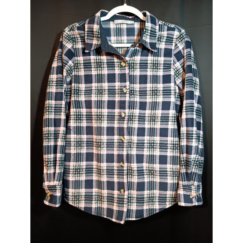 Lee Riders Polar Fleece Button Up Shirt Women’s Small Indigo Plaid Long Sleeve